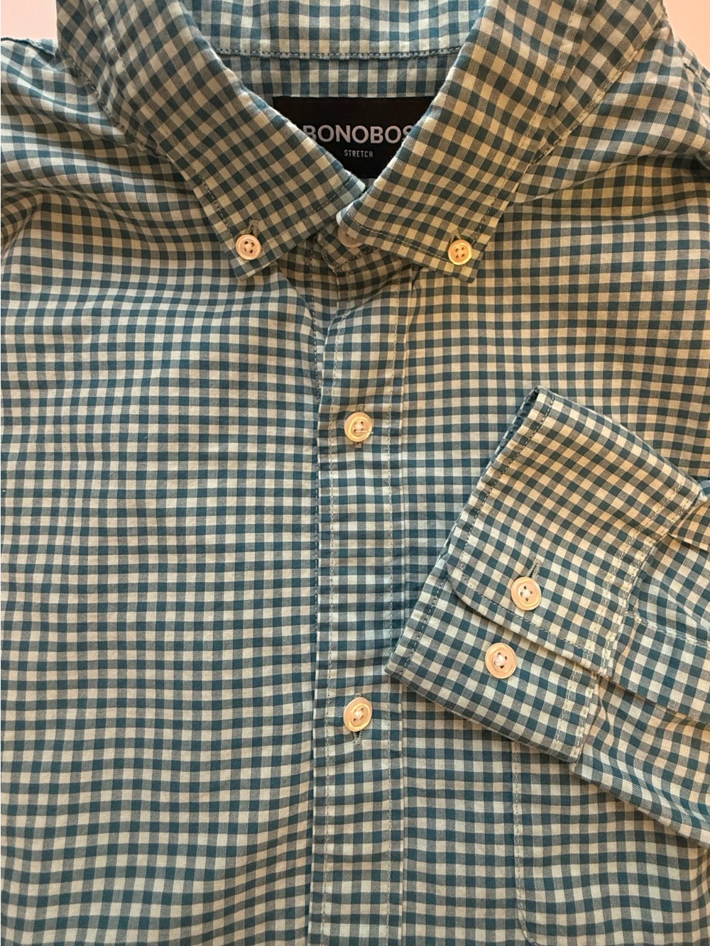 Bonobos Mens L Short Athletic Fit Blue Gingham Button Down Stretch Shirt